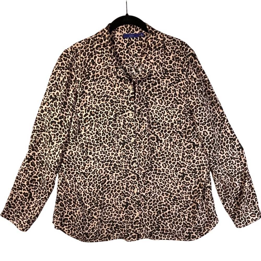 Leopard Print Roll Tab Sleeve Button Front Blouse XL